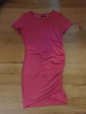 Casual Pink Short-Sleeve Midi Sheath Dress